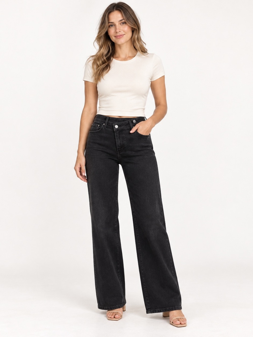 Risen Black High Rise Crossover Waist Wide Leg Jeans 5/27